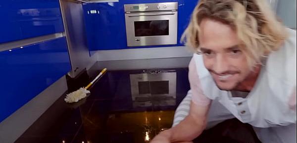  Hardworking young lady cleans the kitchen before pounding